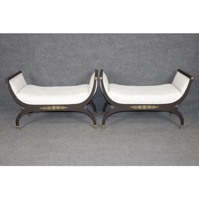 Early 20th Century Pair French Empire Style Ebonized & Brass Mounted Upholstered Benches For Sale - Image 5 of 10