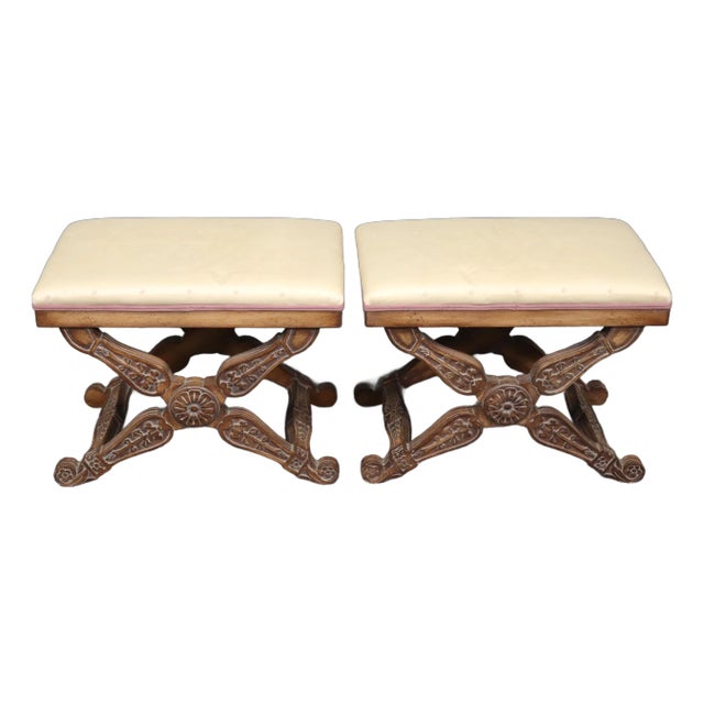 Pair of Maison Jansen Style Carved Walnut X Form Stools Benches For Sale
