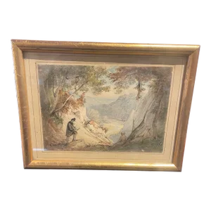 1848 Landscape Watercolor With Figures by Casper Scheuren