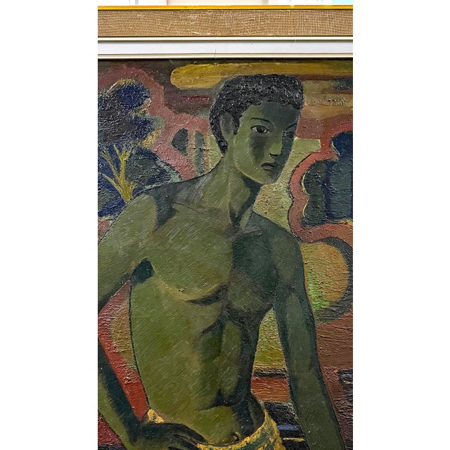 Richly executed in a deep palette of green, red and black, this striking portrait of a male youth in a yellow plaid...