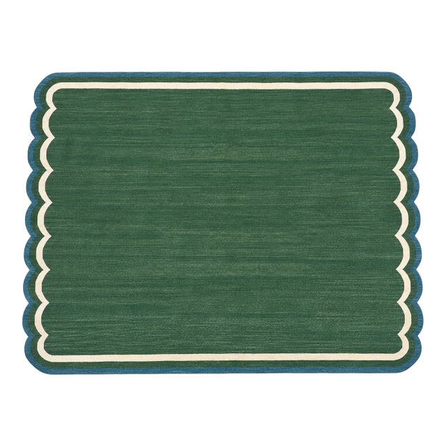 Handmade Cotton Flat Weave Area Rug, Forest Green and Teal Blue Scalloped Dhurrie - 10'x14' For Sale