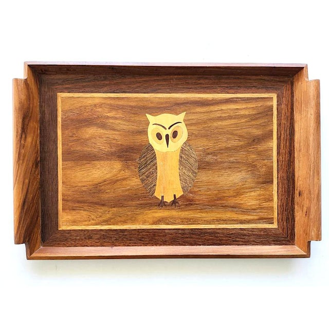 Vintage Inlaid Wood Serving Tray – Handcrafted Marquetry Owl Motif For Sale - Image 9 of 11