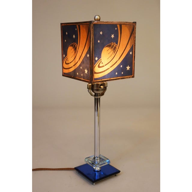 Rarest Chicago 1933 Worlds Fair "Saturn" Logo Streamline Art Deco Chrome Cobalt Glass Table "Hall of Science" Lamp Sublime Condition! For Sale - Image 4 of 16