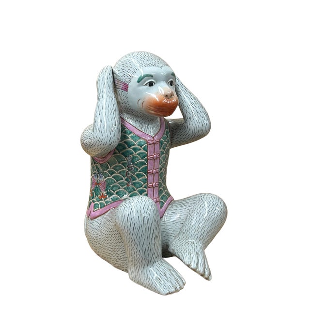 Set 3 Vintage Gray Green Dress No Evils Ceramic Art Monkey Figures For Sale - Image 13 of 14