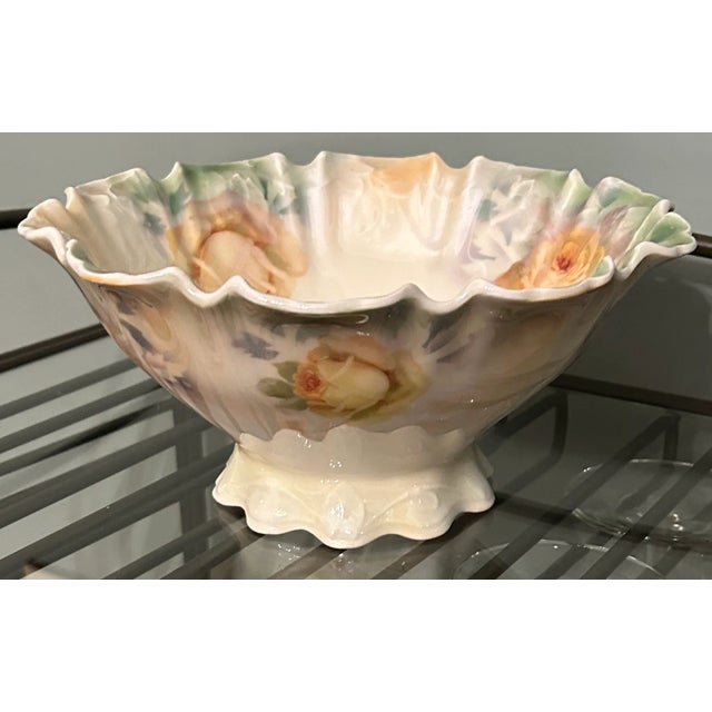 Victorian Antique Porcelain Footed Bowl - Bavarian, Hand-Painted Yellow Rose Pattern - Silesia Region Germany For Sale - Image 3 of 5