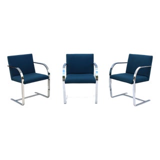 Ludwig Mies Van Der Rohe Brno Flat Bar Chairs in Blue Fabric by Gordon, Set of 3 For Sale