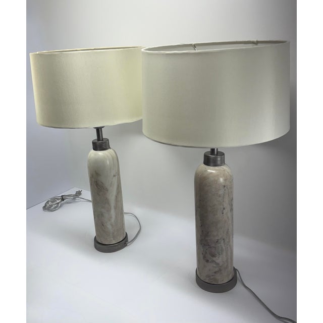Mid-Century Modern Pair of Vintage Cream Marble Column Table Lamps With Textured Gunmetal Hardware and Linen Shades For Sale - Image 3 of 5