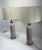 Mid-Century Modern Pair of Vintage Cream Marble Column Table Lamps With Textured Gunmetal Hardware and Linen Shades For Sale - Image 3 of 5