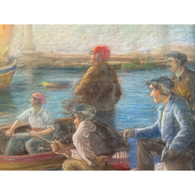 Traditional Early 20th-Century Harbor Maritime Pastel Drawing Under Glass For Sale - Image 3 of 6