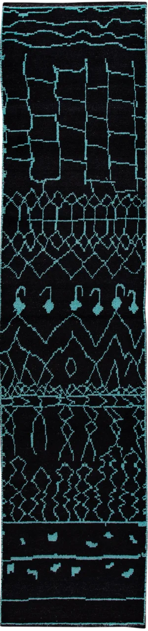 Black and Teal Modern Moroccan Style Wool Runner Rug 3 X 13