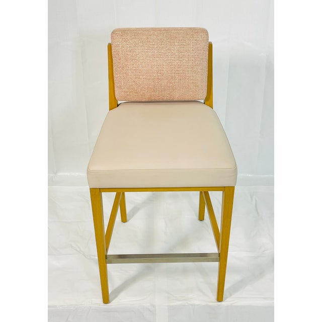 Set of 3 1980s Modern Oak Counter Stools With Leather Seats and Upholstered Backs For Sale - Image 11 of 17