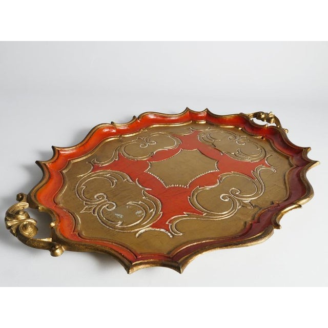 Gold Mid-Century Florentine Rococo Style Scalloped Red Giltwood Tray, Italy, 1950s For Sale - Image 8 of 14