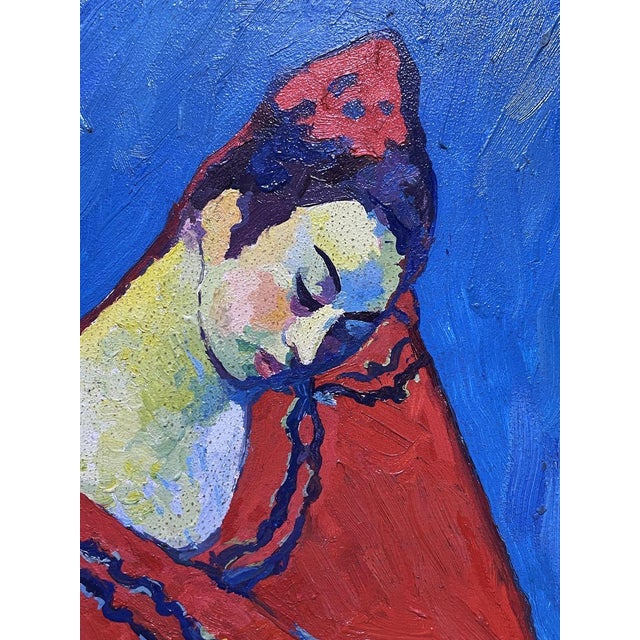 Red Oil Painting Girl in Red With a Fan Victor Konotopsky For Sale - Image 8 of 9
