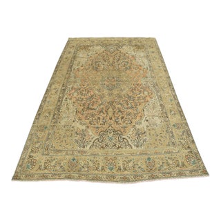 Tabriz Rug 8′ X 11’8” Peach Wool Vintage Distressed Hand-Knotted Carpet For Sale