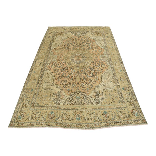 Tabriz Rug 8′ X 11’8” Peach Wool Vintage Distressed Hand-Knotted Carpet For Sale