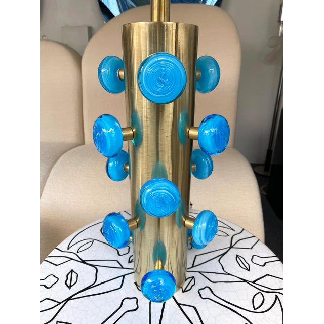 Contemporary Brass and Blue Murano Glass Spiral Lamps, Italy - a Pair EU Wired For Sale - Image 4 of 12