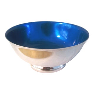 Vintage Cobalt Blue Enamel Silverplate Bowl For Sale