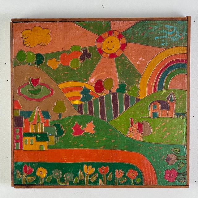 A whimsical Early - Mid 20th Century Folk Art painting done by carving and painting a wood panel. No signature found. It...