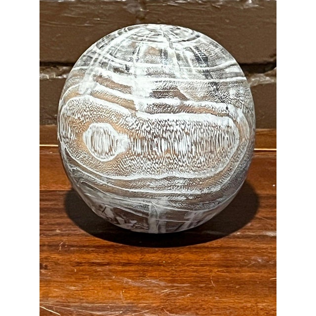 Folk Art Early 20th Century 6" Mexican Hand Carved Wood Sphere Whitewashed Latin American Folk Art Orb For Sale - Image 3 of 5