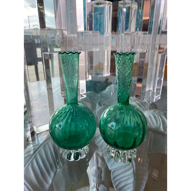 Vintage Murano Emerald Glass Bud Vases -A Pair For Sale - Image 13 of 13