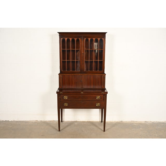Hepplewhite Baker Furniture Style Hepplewhite Mahogany Secretary Desk With Bookcase Hutch, Circa 1920s For Sale - Image 3 of 16