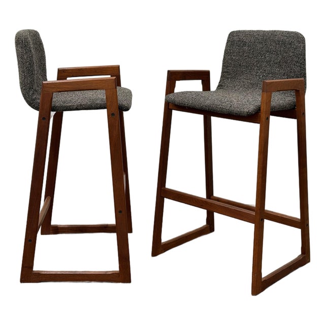 1960s Pair Danish Modern Teak Barstools - Mid Century Upholstered Bar Stools For Sale