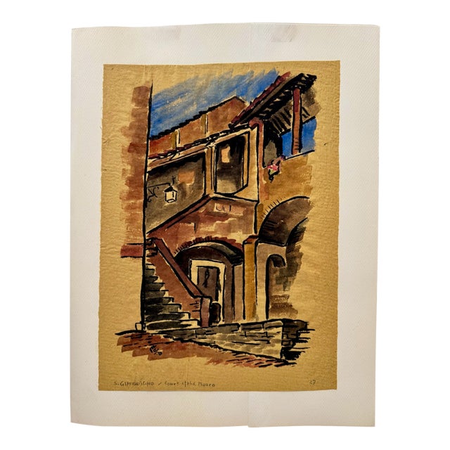 Henry Emil Salloch Original Watercolor on Paper St. Gimignano, Court of the Museum, Italy. 1970. For Sale