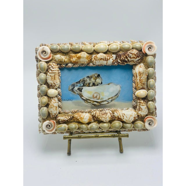 Coastal Vintage Oil Painting in Shell Frame For Sale - Image 3 of 5