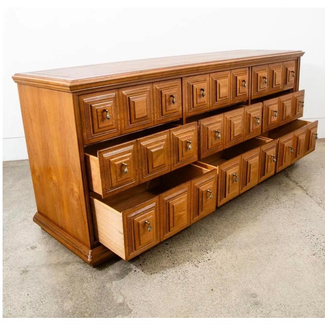 Brutalist Mid Century Modern Credenza Server Buffet Stanley Oak 9 Drawers Cabinet 1970s For Sale - Image 3 of 11