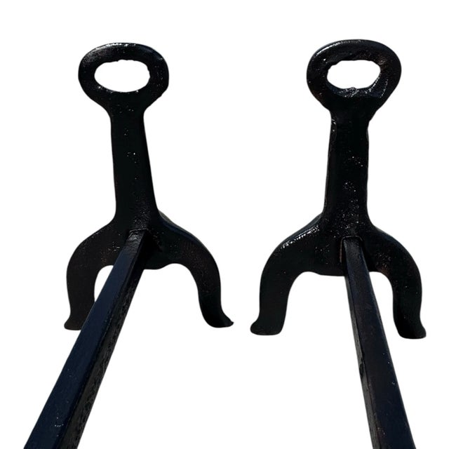Black Antique Heavy Cast Iron Loop Top Fireplace Andirons Fire Dogs Pair Early 1900s For Sale - Image 8 of 17