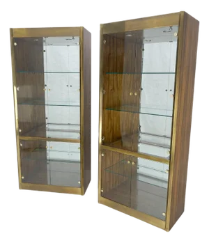 Pair Zebra Wood Brass Glass Showcases Vitrines Shelves Etageres Mastercraft