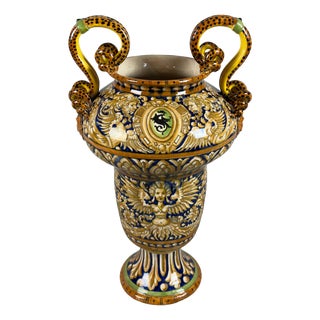 Mid-Century Hand-Painted Majolica Amphora Vase by Gualdo Tadino For Sale