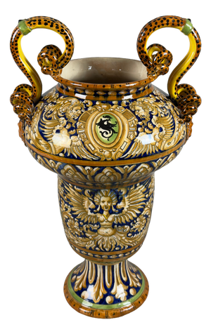 Mid-Century Hand-Painted Majolica Amphora Vase by Gualdo Tadino