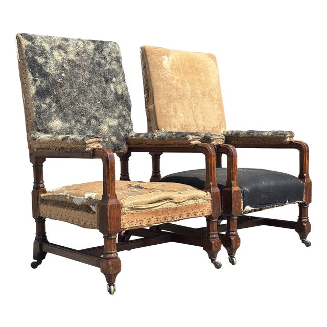 Antique Victorian Gothic Armchairs in Oak, 1860, Set of 2 For Sale