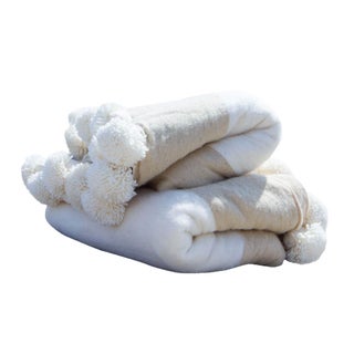 White & Tan Striped Pom Pom Moroccan Wool Blanket For Sale