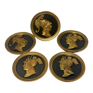 Set 5, 19th Century French Neoclassical Gilt Bronze Warrior Medallion Tiebacks For Sale