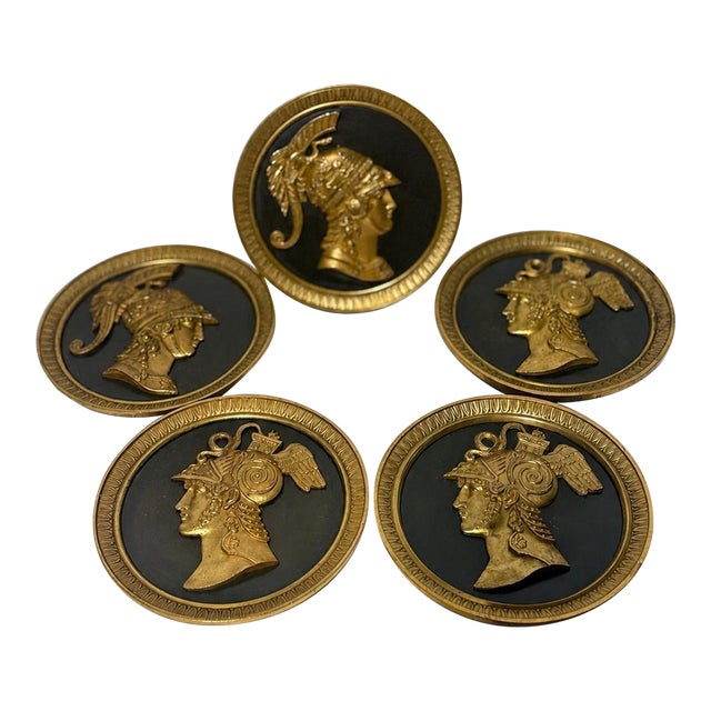 Set 5, 19th Century French Neoclassical Gilt Bronze Warrior Medallion Tiebacks For Sale