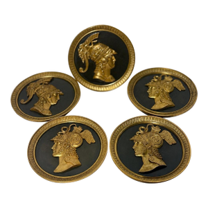 Set 5, 19th Century French Neoclassical Gilt Bronze Warrior Medallion Tiebacks