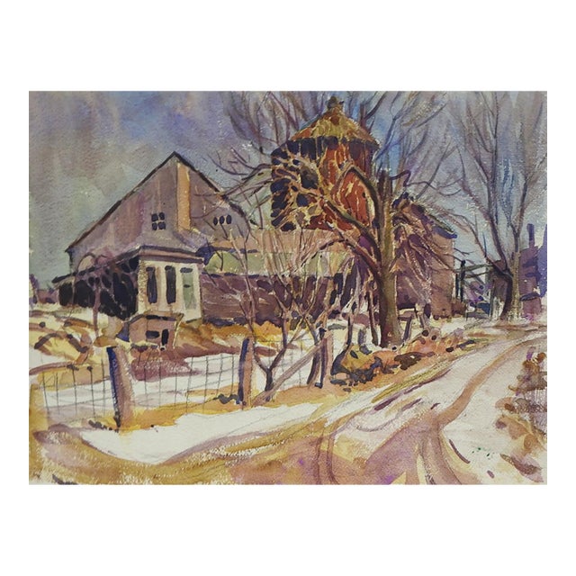 Early 20th Century Farm in Winter Watercolor Painting For Sale
