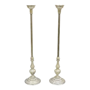 1900s Baroque Style Silver Plated Collapsible Floor Candlesticks in Box - a Pair