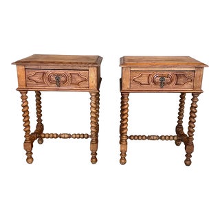 Vintage French Nightstands in Solid Carved Oak With Turned Columns, Set of 2 For Sale