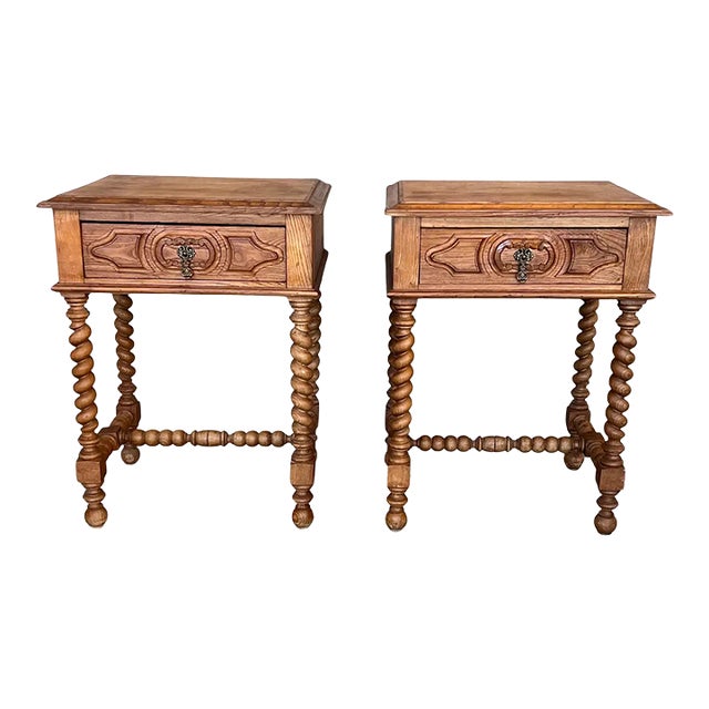 Vintage French Nightstands in Solid Carved Oak With Turned Columns, Set of 2 For Sale