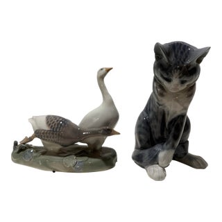 Royal Copenhagen Porcelain Figurines – Cat & Ducks – Denmark – Vintage Pair For Sale