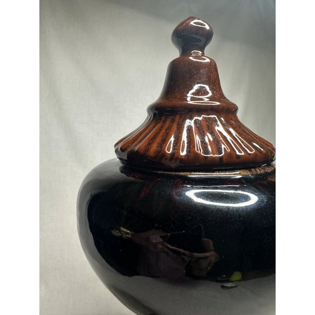 Neoclassical Crackle Glazed Ceramic Lidded Urn, Large, Brown and Black For Sale - Image 12 of 12