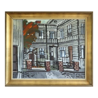 1974 Modernist 'Facade in Focus' Vintage Swedish Expressive Street Scene Oil Painting, Framed For Sale