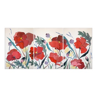 2025, Illustration Style, Original Painting, Large Triptych Landscape, French Prairie, Poppies and Wildflowers, Acrylic Paint on Watercolor Paper For Sale