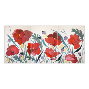 2025, Illustration Style, Original Painting, Large Triptych Landscape, French Prairie, Poppies and Wildflowers, Acrylic Paint on Watercolor Paper