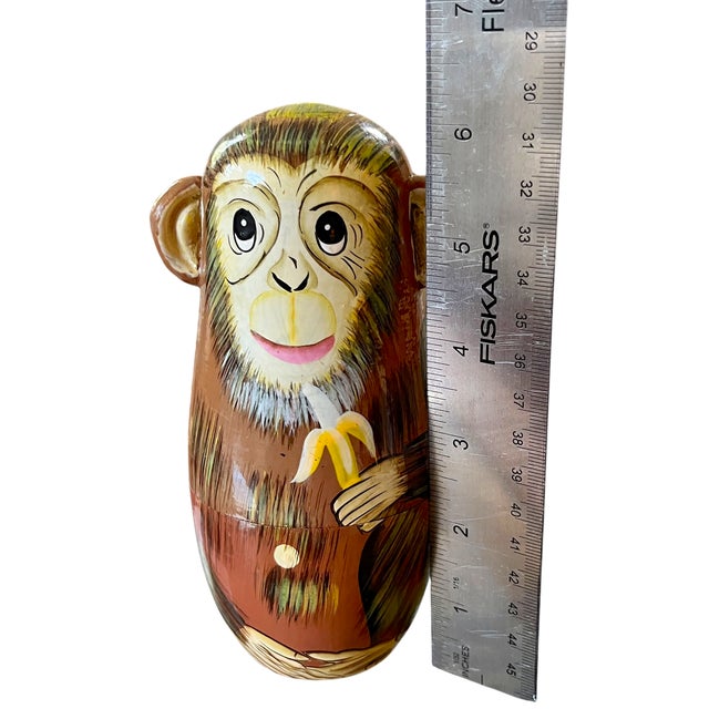 Brown Vintage Hand-Painted Three Wise Monkeys Nesting Dolls With Banana, Set of 5 For Sale - Image 8 of 8