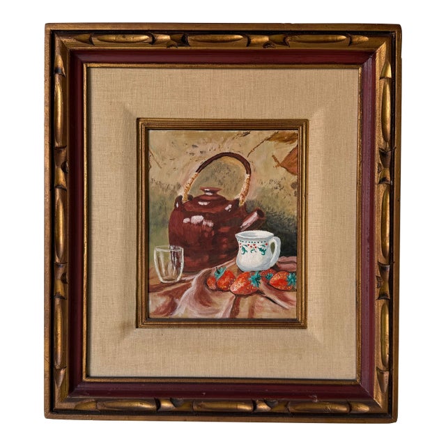 1970s Vintage Still Life Oil on Board Painting of Teapot, Strawberries & Mug – Framed For Sale