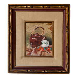 1970s Vintage Still Life Oil on Board Painting of Teapot, Strawberries & Mug – Framed